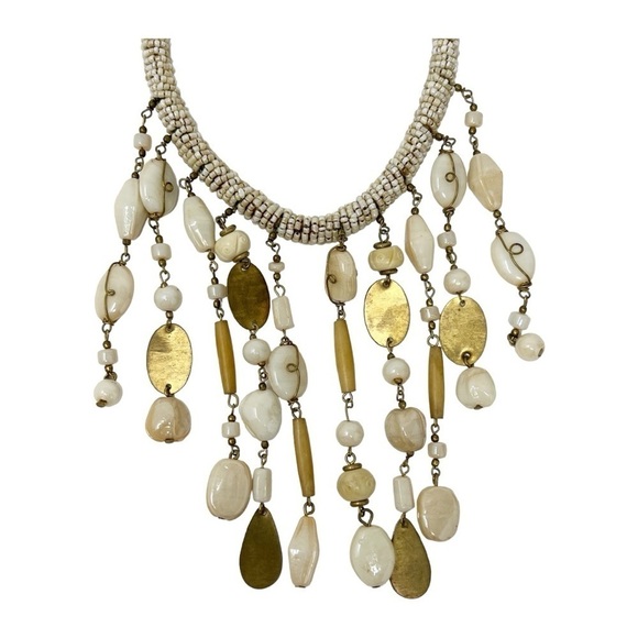 Vintage Bohemian Chic Seed, Glass Beads, Wood and Metal Bib Necklace - Picture 3 of 7